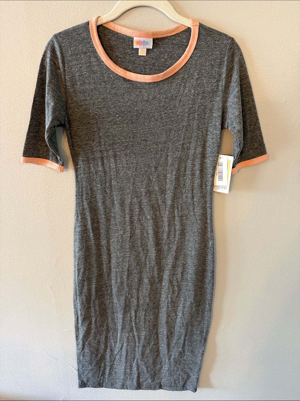LuLaRoe Heather Gray Midi Dress with Peach Trim